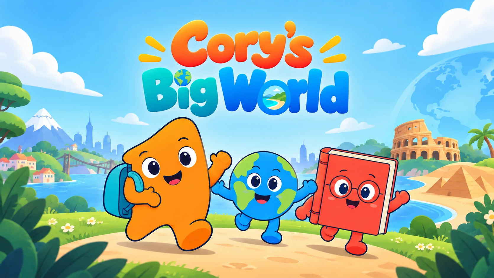 Cory, Glo, and Paige run together beneath the Cory’s Big World title, surrounded by landmarks from around the world.